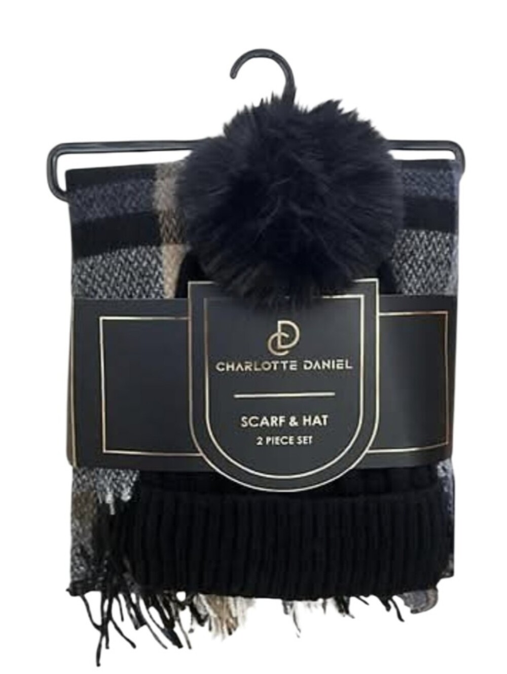 #CD08 Charlotte Russe Black and Gray Plaid Scarf Set with Pom Beanie